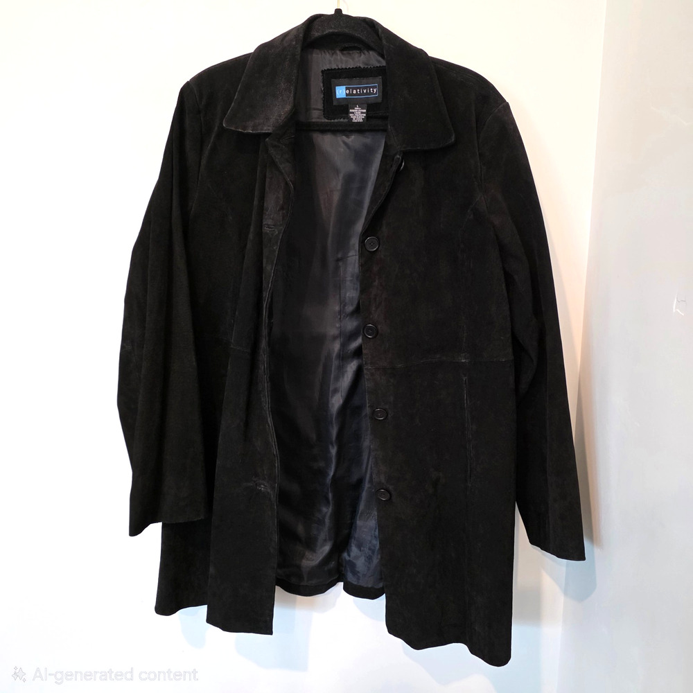 Women's Black Leather Suede Long Jacket Size Large Trench Coat Lined